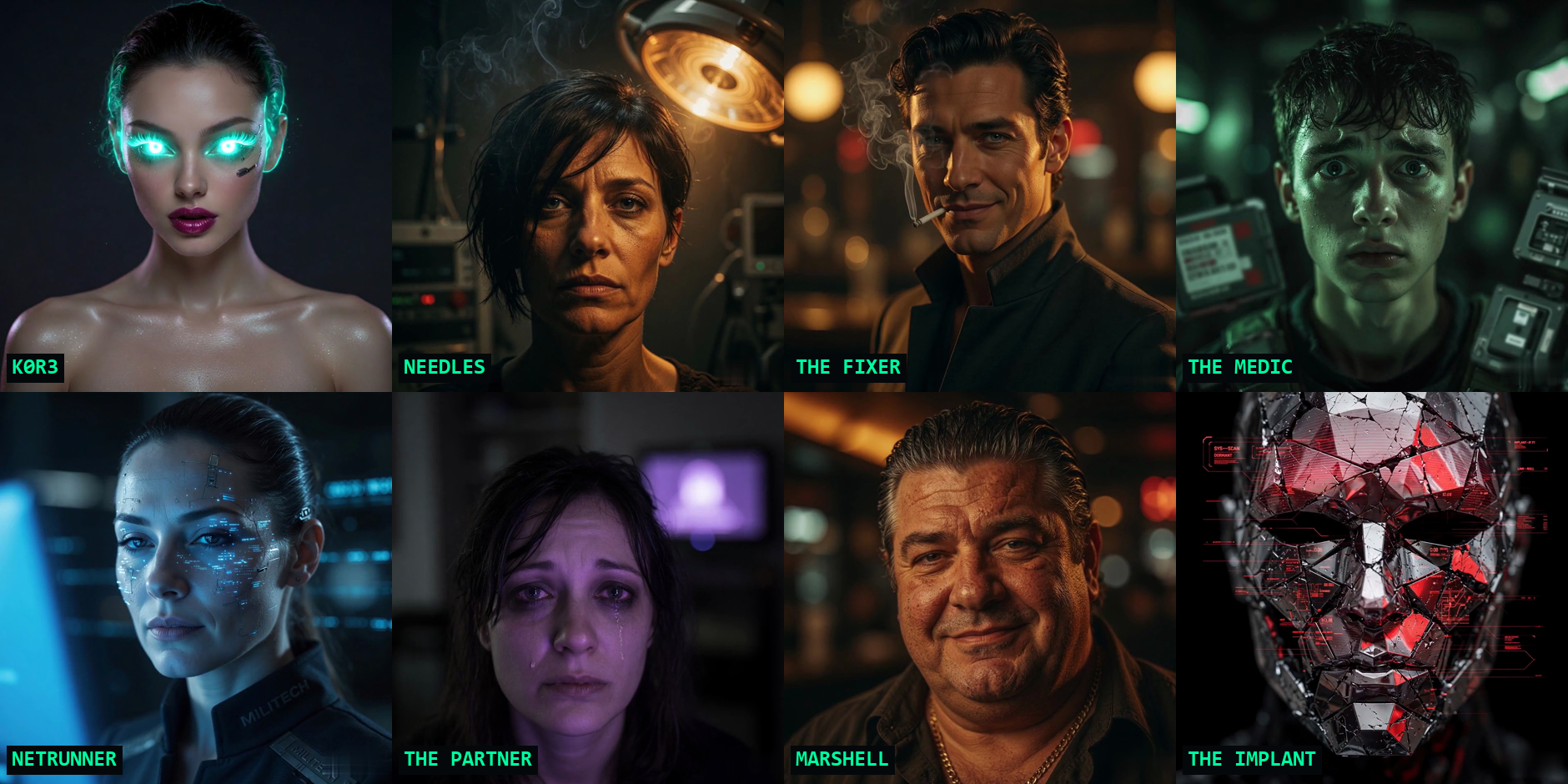 The cast of Sandevistan Burnout — eight AI-generated faces