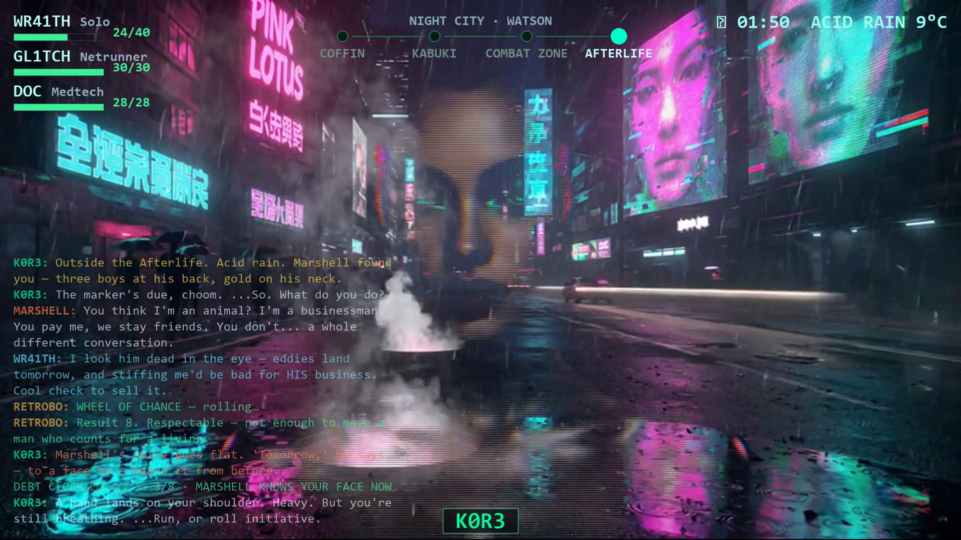 THE SHAKEDOWN — a full scene with HUD, minimap, crew health, and scrollback