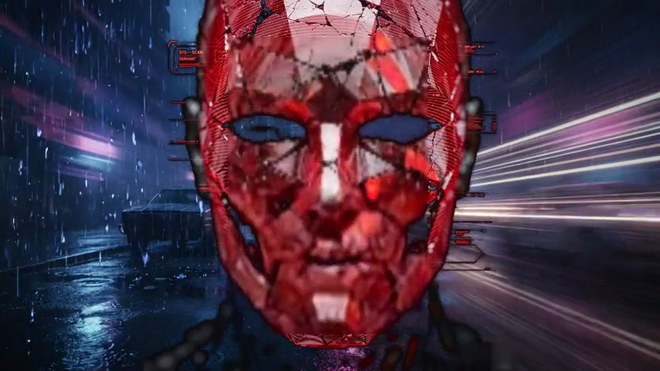 The Implant's chrome mask over a time-dilated street