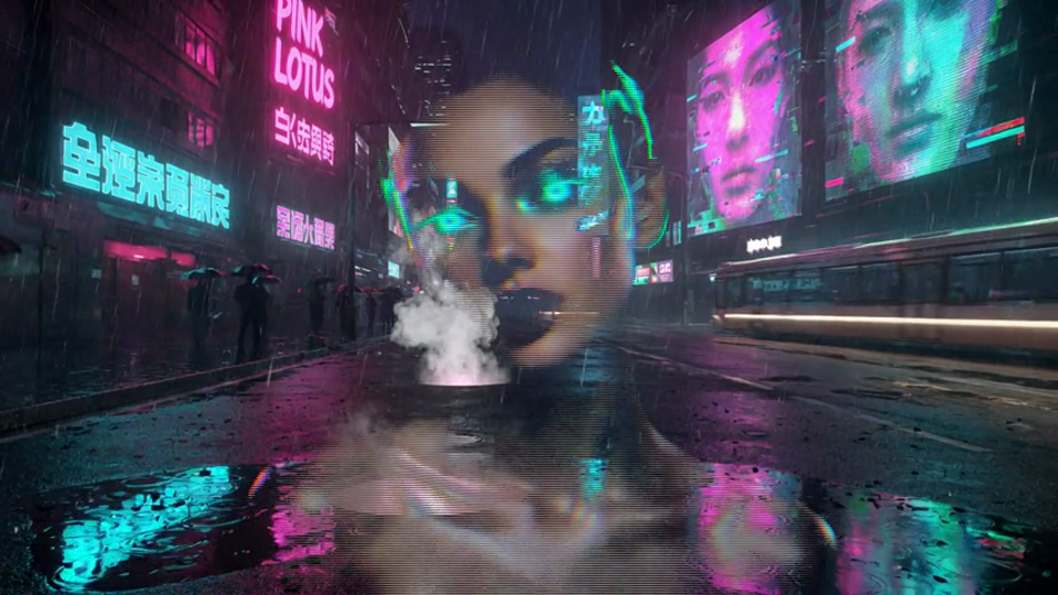 K0R3, holographic host of the table, keyed into a rain-soaked Night City street