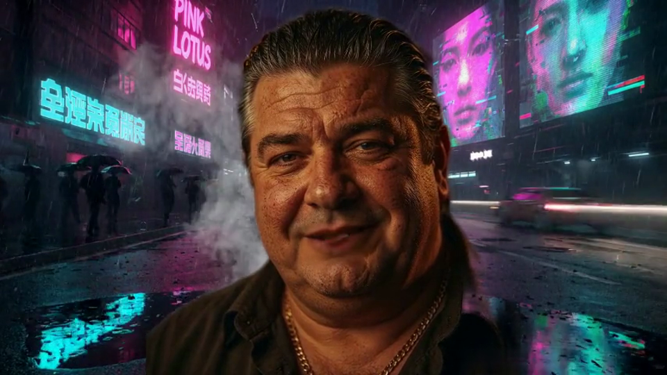 Marshell, the loan shark, matted into a neon-rain street